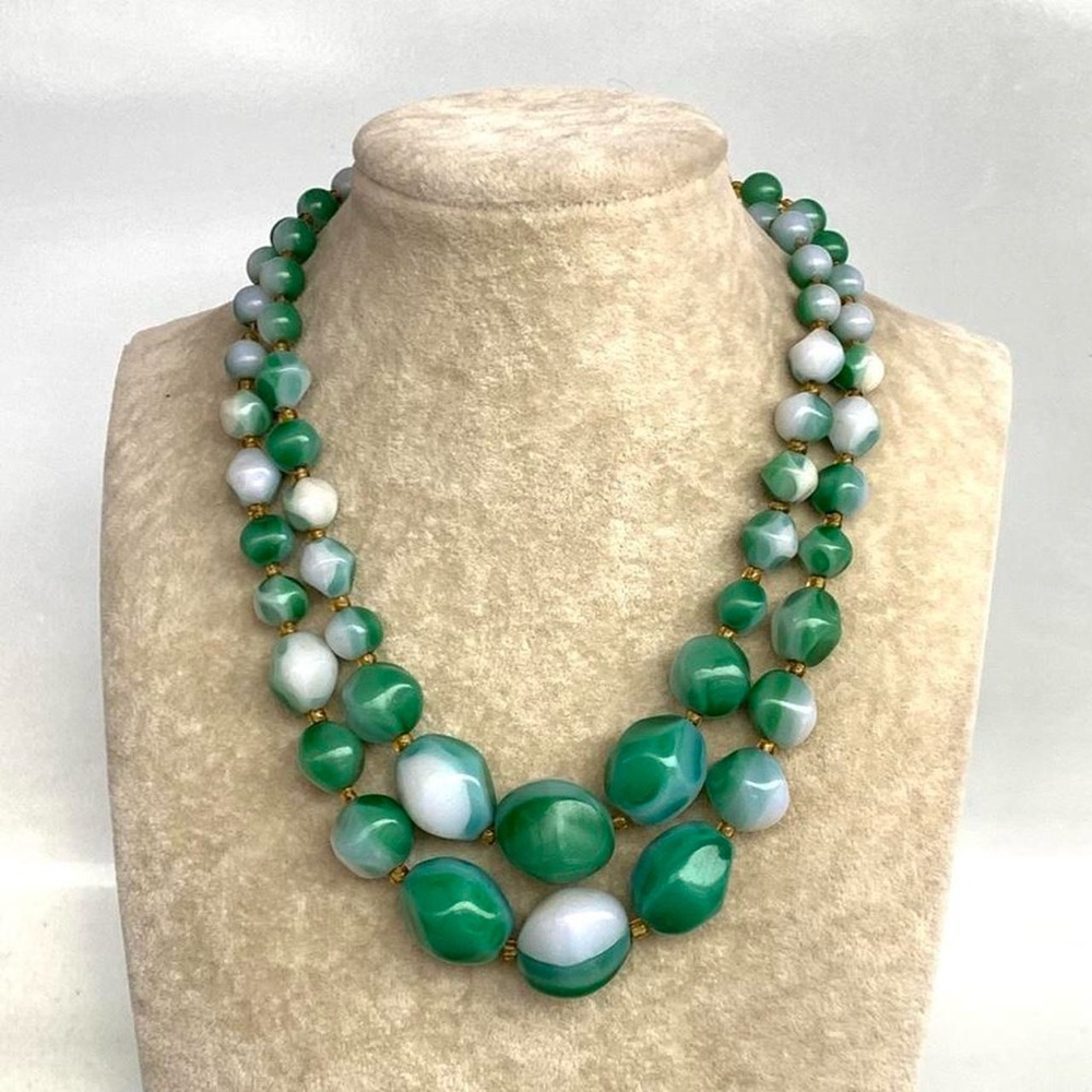 Vintage Green Two Strand Beaded Statement Necklace Glass